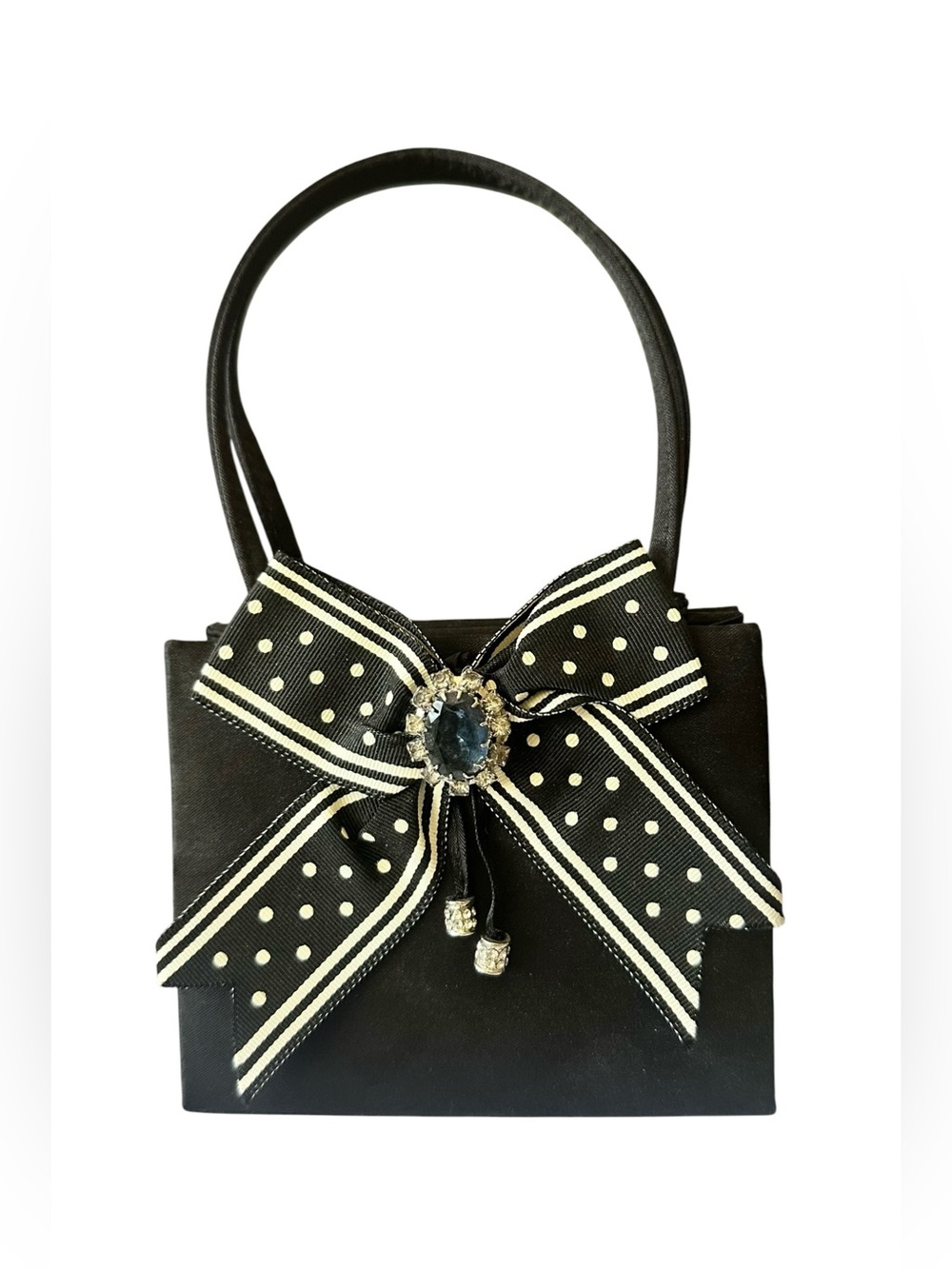 Elegant Black Polka-Dot Bow Evening Bag with Jewel Accent